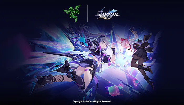 Artwork of two anime-style characters, one with a sword and dragon, the other with a bow, with logos for Razer and Genshin Impact's GAAKRAIL.