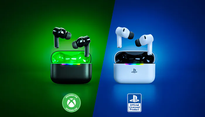 Image of black Xbox wireless earbuds with green case on left, white PlayStation earbuds with white case on right, each labeled with respective logos.