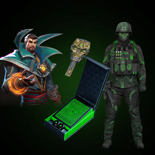 Image features two gaming characters, a glowing gaming box with a Razer logo, a skull-shaped controller, and a tactical soldier.