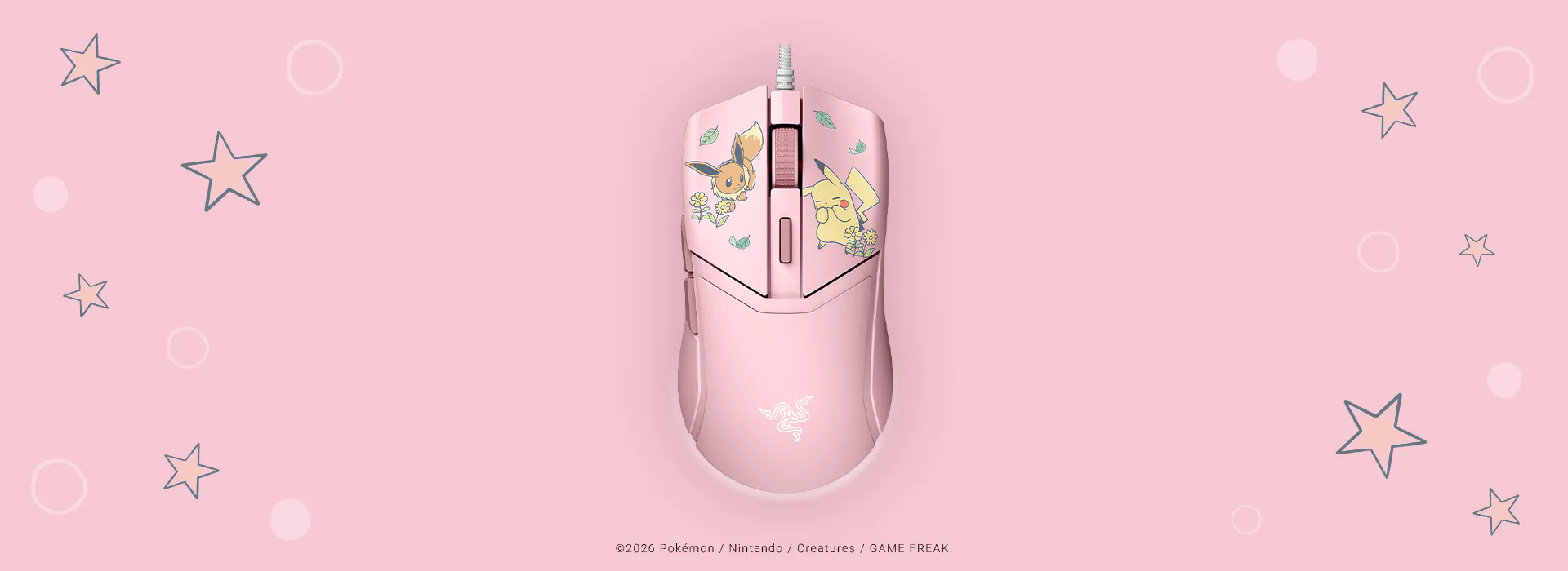 Pink gaming mouse with Pokémon Eevee and Pikachu designs on a pink background with stars and circles. Razer logo at the bottom.; ©2026 Pokémon / Nintendo / Creatures / GAME FREAK.