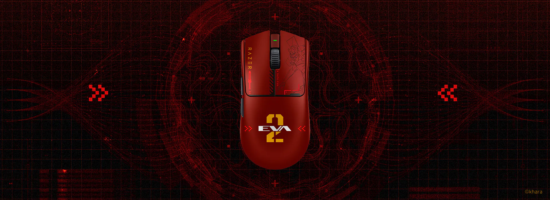 Red gaming mouse with "RAZER" and "EVA 2" labels, top view, set against a digital, grid-like red sci-fi background.; ©khara