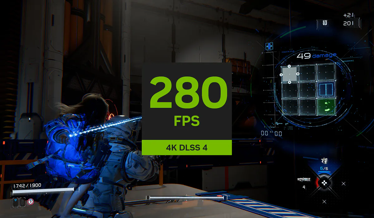 Gaming screen showing 280 FPS, 4K DLSS 4, with futuristic HUD elements, a character shooting, and damage stats in a sci-fi environment.