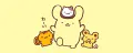 Cute cartoon of a bear, a smaller animal, and two tiny creatures, all smiling with a yellow background.