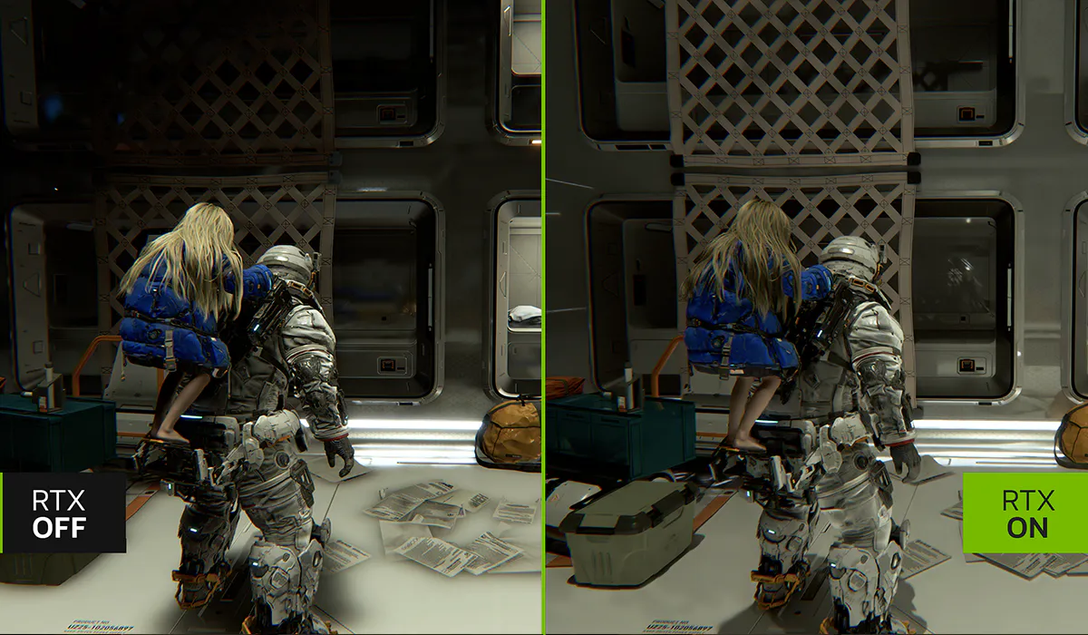 Comparison of a sci-fi scene with a girl on a robot: RTX OFF shows dull colors; RTX ON enhances brightness, contrast, and detail in the image.