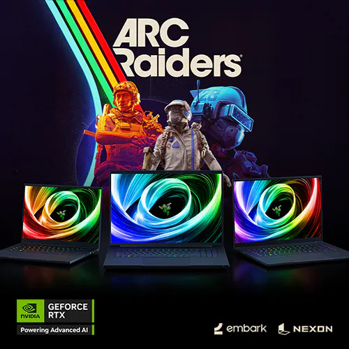 Poster for ARC Raiders featuring three Razer gaming laptops with colorful RGB displays, with characters and logos in the background.