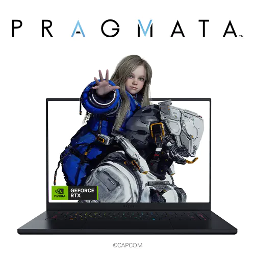 A girl in a futuristic suit points forward; behind her, a robotic figure appears emerging from a laptop screen with "PRAGMATA" at the top.; © CAPCOM