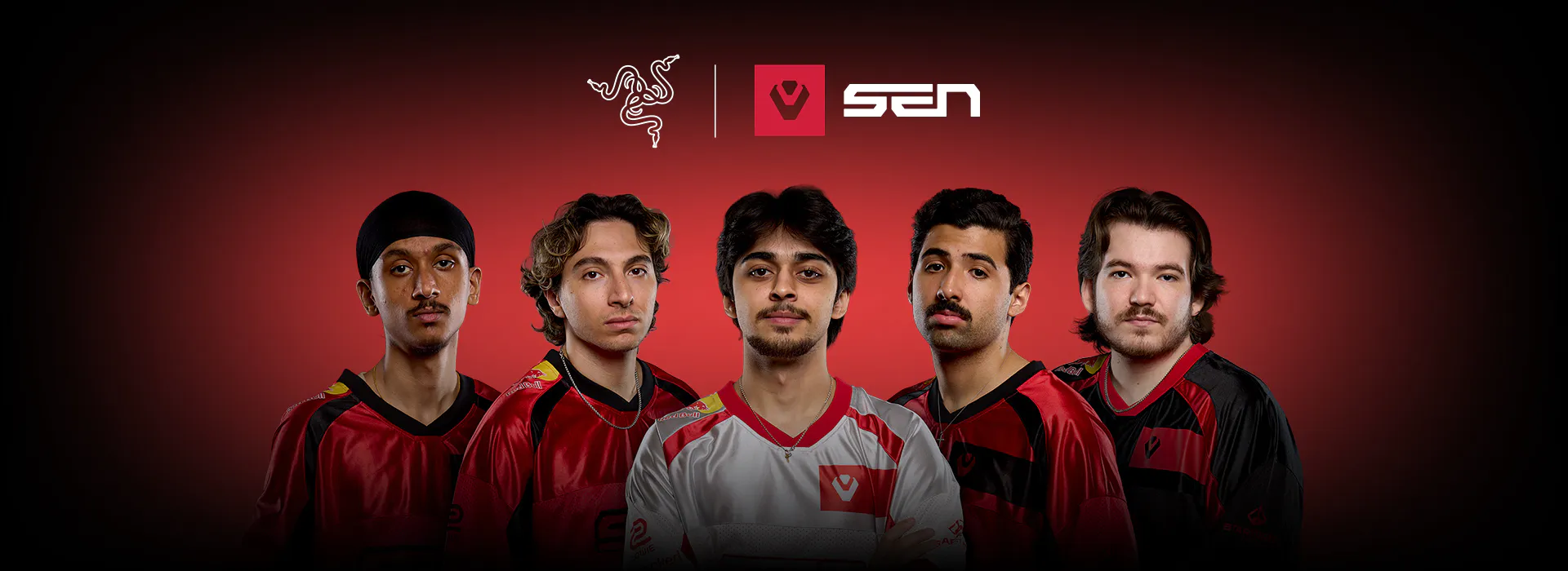 Group photo of five esports players in red and black jerseys, with logos of Razer and VSGN above them, against a dark red background.