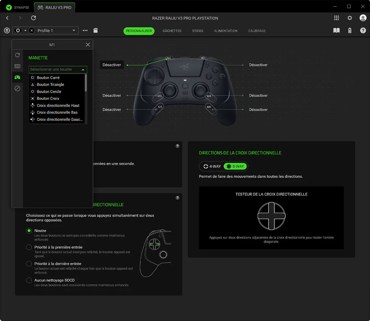 Screenshot of Razer Raiju V3 Pro configuration software for PlayStation, showing controller button mappings and customization options.