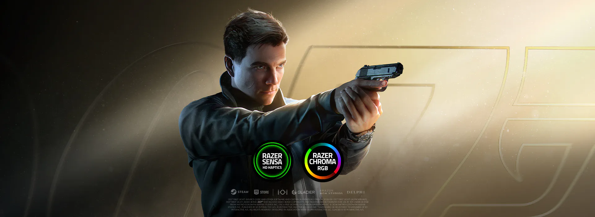 A man aiming a pistol, with logos for "Razer Sensa HD Haptics" and "Razer Chroma RGB" below; background features gaming-related imagery.