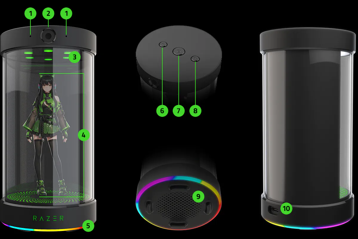 Diagram of a Razer cylindrical device with labeled components: sensors, buttons, parts, and a holographic projection of a person inside.