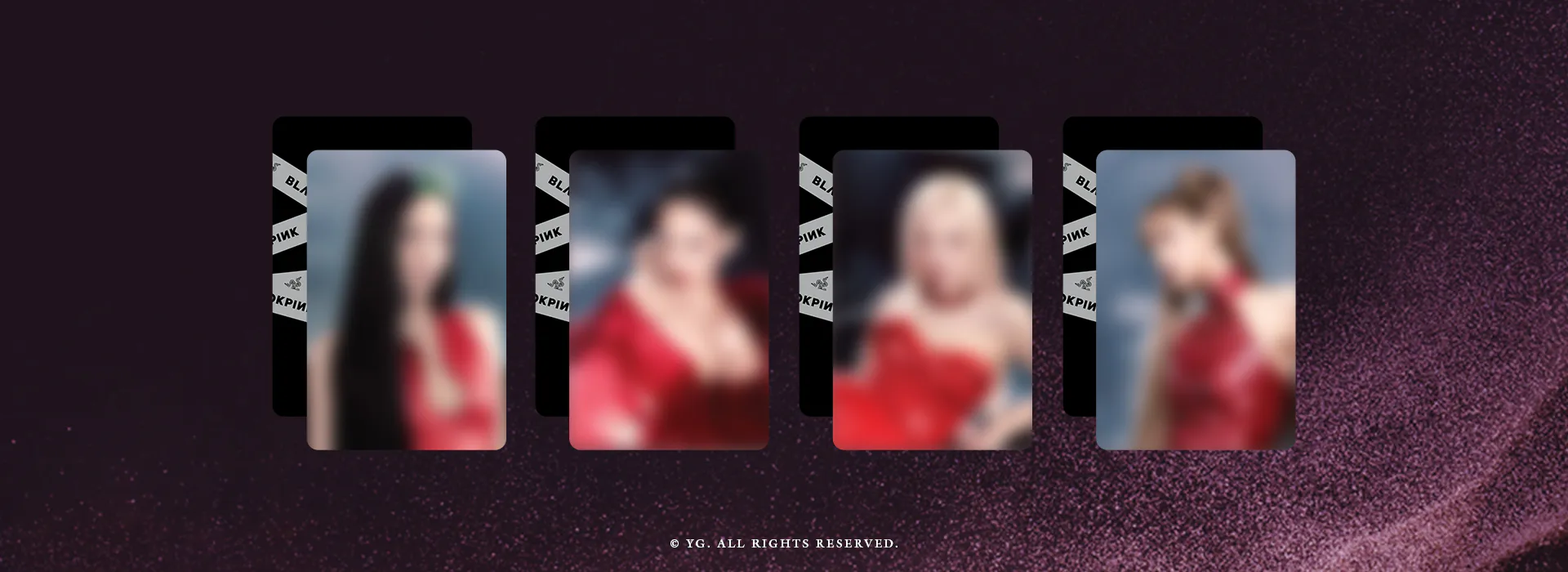 Blurry group of four cards with a person in a red outfit, alternating between black and blue backgrounds. Text “Blackpink” appears on the black cards.; © YG. ALL RIGHTS RESERVED.
