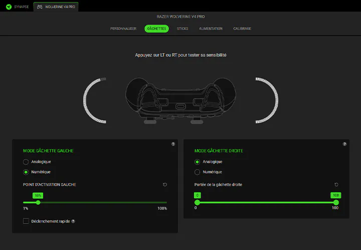 Razer Synapse Triggers settings showing trigger modes and actuation point adjustments.
