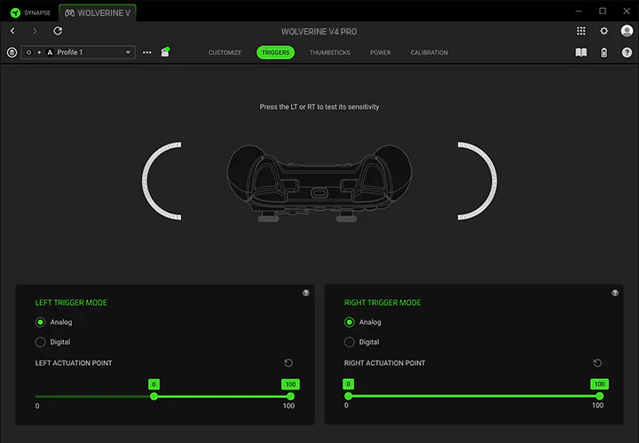 Razer Synapse Triggers settings showing trigger modes and actuation point adjustments.