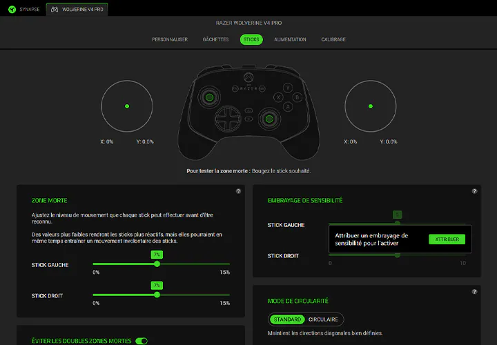 Razer Synapse Thumbsticks settings showing deadzone and sensitivity clutch adjustments.