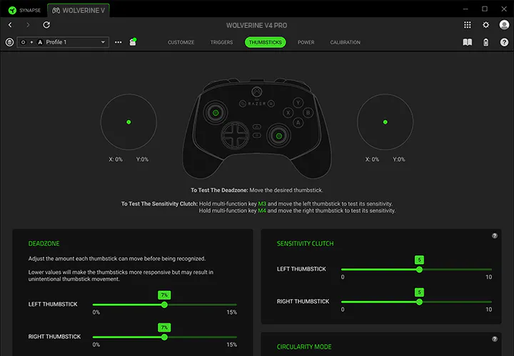 Razer Synapse Thumbsticks settings showing deadzone and sensitivity clutch adjustments.