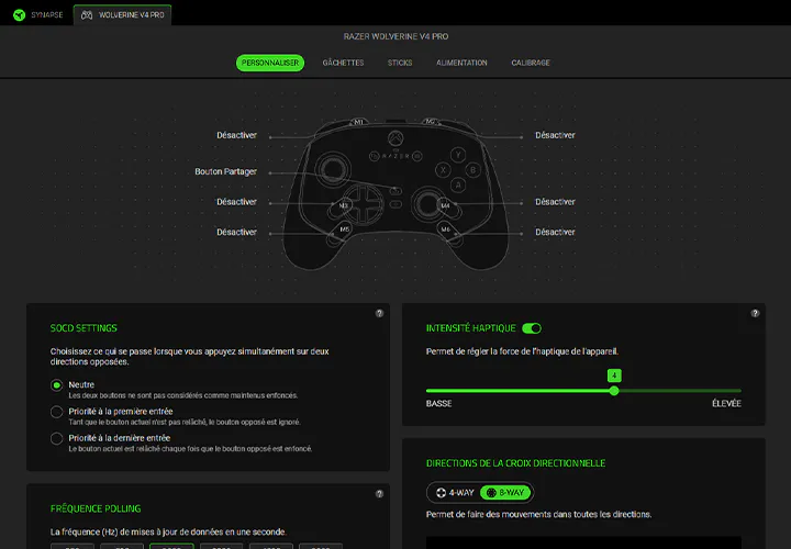 Razer Synapse Customization settings showing four onboard profiles, button assignments, haptic intensity, and D-pad options.