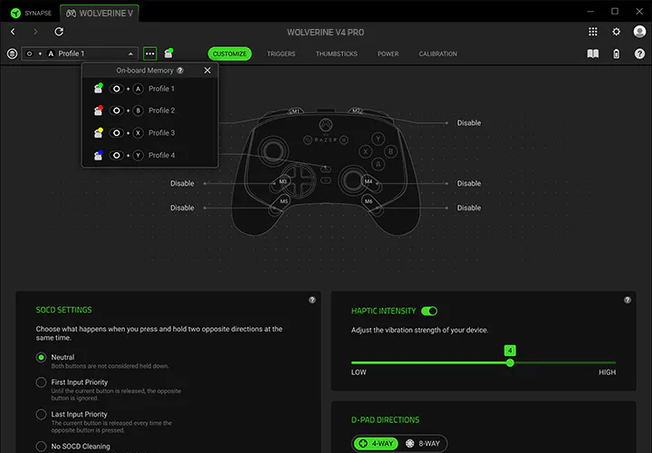 Razer Synapse Customization settings showing four onboard profiles, button assignments, haptic intensity, and D-pad options.