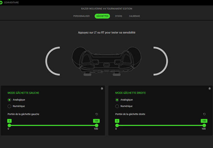 Razer Synapse Triggers settings showing trigger modes and actuation point adjustments.