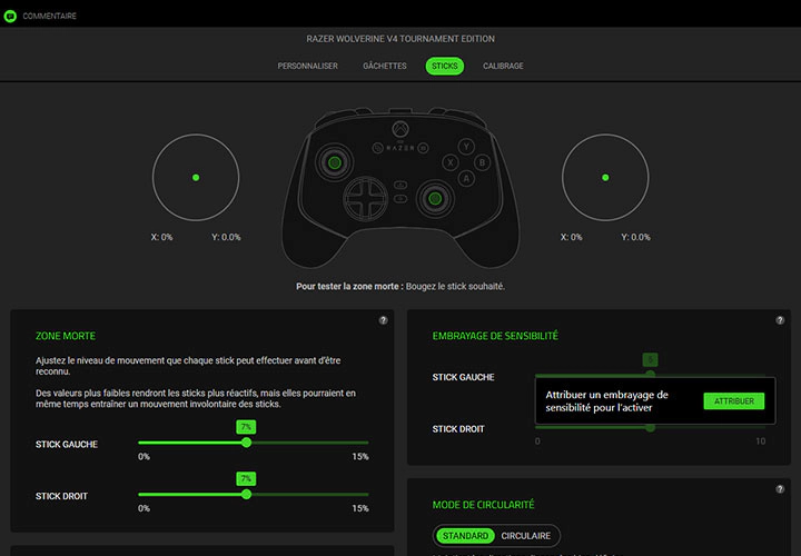Razer Synapse Thumbsticks settings showing deadzone and sensitivity clutch adjustments.