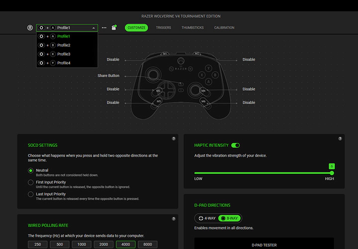 Razer Synapse Customization settings showing four onboard profiles, button assignments, haptic intensity, and D-pad options.