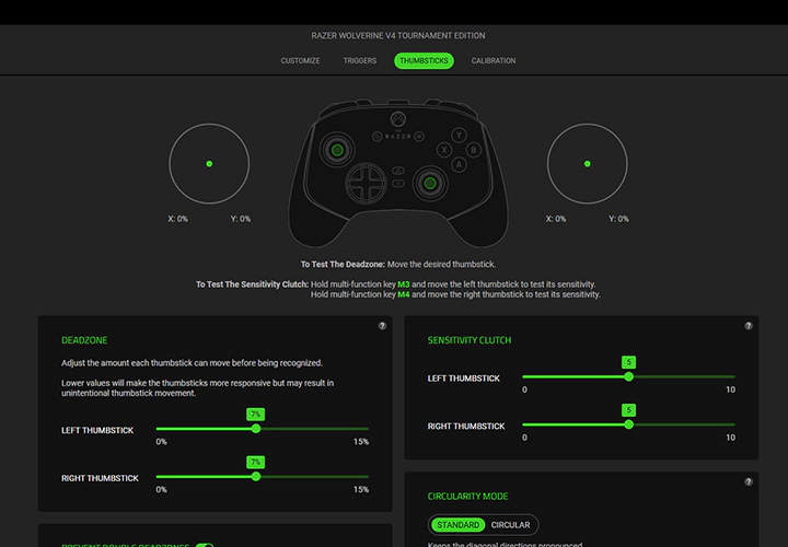 Razer Synapse Thumbsticks settings showing deadzone and sensitivity clutch adjustments.