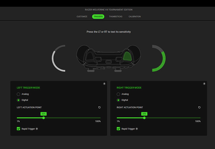 Razer Synapse Triggers settings showing trigger modes and actuation point adjustments.