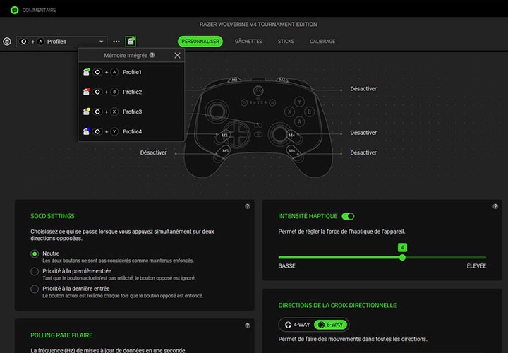 Razer Synapse Customization settings showing four onboard profiles, button assignments, haptic intensity, and D-pad options.