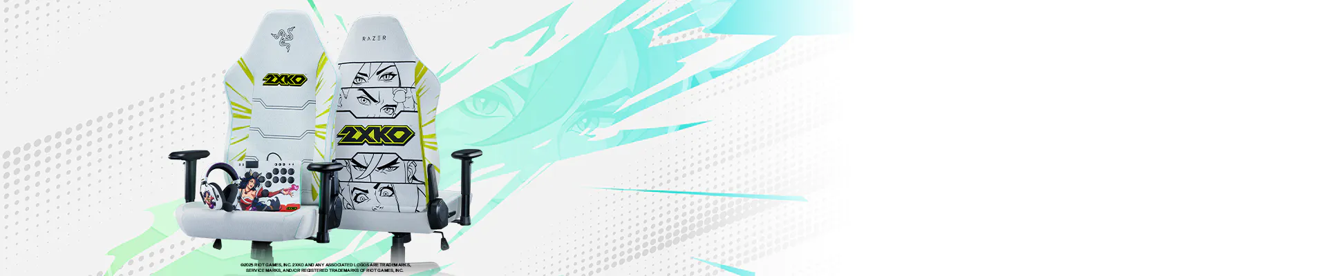 A gaming chair with an animated character design, featuring the 2XKO logo, comic-style artwork, and a connected steering wheel and pedals.