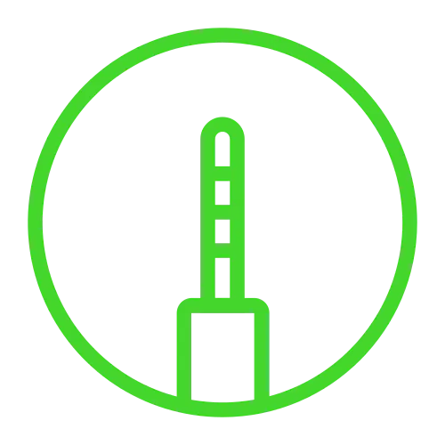 A green circular icon with an outer circle and inner dotted line, featuring a vertical thermometer with a square base.