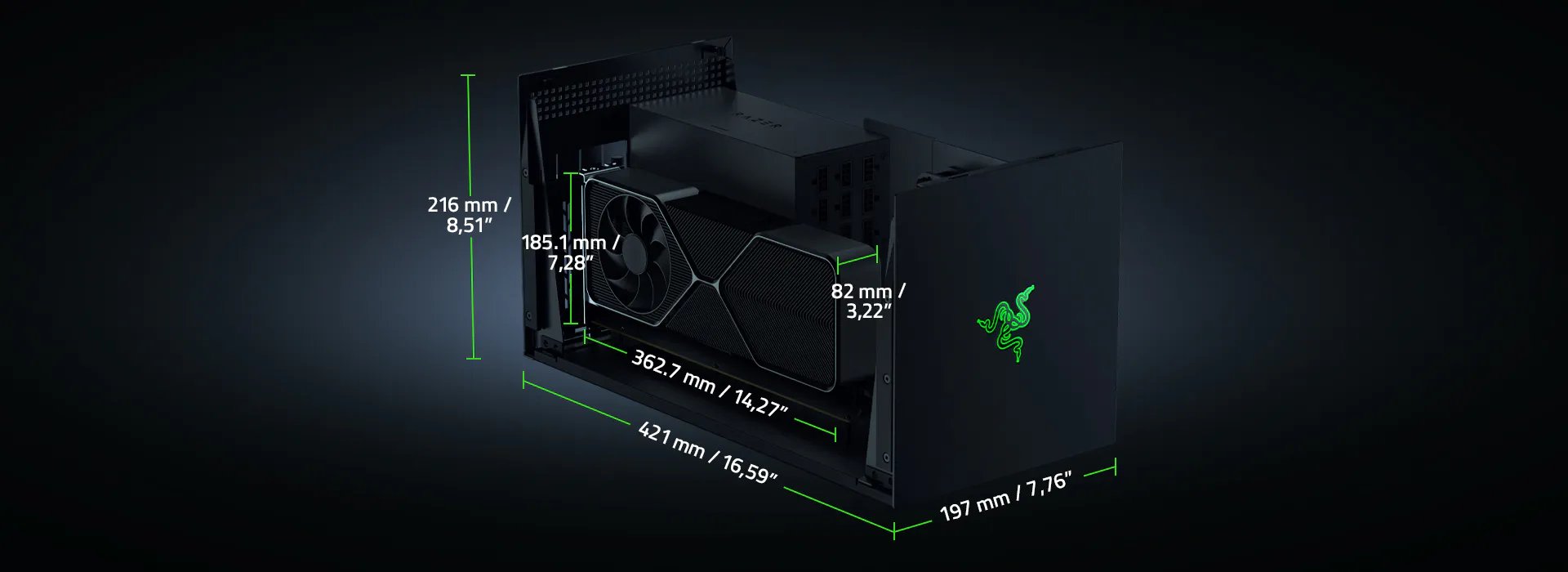 Diagram of a graphics card with dimensions: 421mm length, 197mm width, 185.1mm height, and 82mm thickness, featuring a fan and a Razer logo.