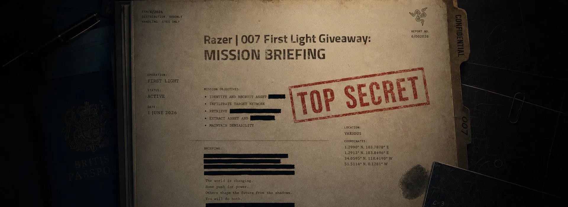 A secret mission briefing document titled "Razer 007 First Light Giveaway," marked "TOP SECRET," with a British passport and maps in background.