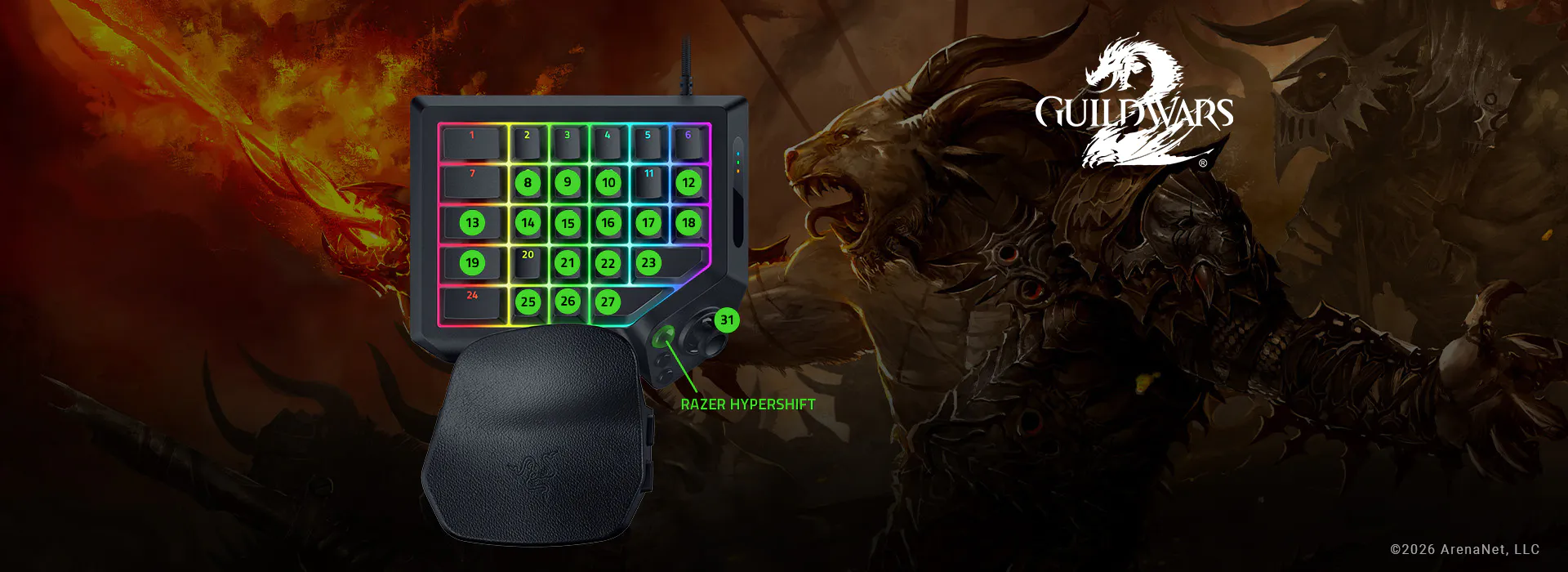 A Razer Tartarus V2 Pro with labeled keys 1-27, a Razer Hypershift button, and a Razer mouse pad, set against a "Guild Wars 2" dragon background.