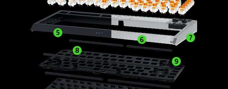 keyboard exploded view with 5 pointers