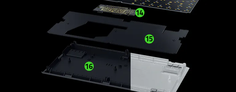 keyboard exploded view with 3 pointers
