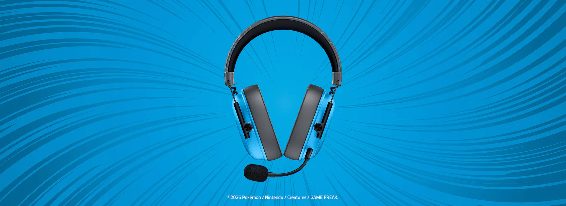 Front view of Razer BlackShark V3 X HyperSpeed - Lucario Edition. ©2026 Pokémon / Nintendo / Creatures / GAME FREAK.