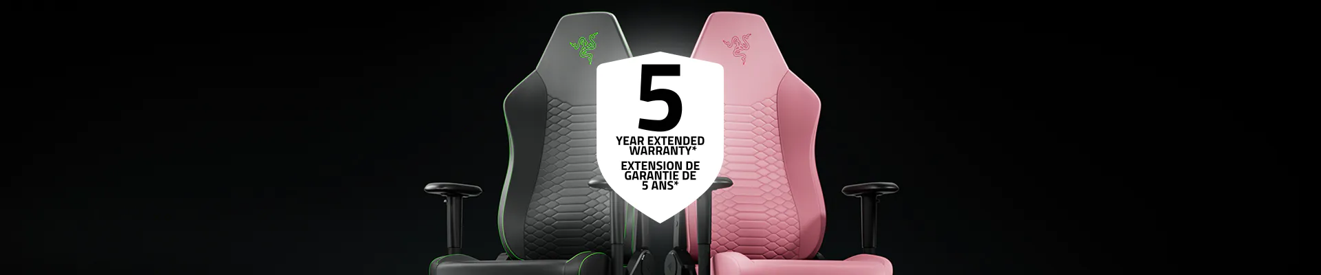 Gaming chair with Razer logo, highlighted with a note: "5 Year Extended Warranty