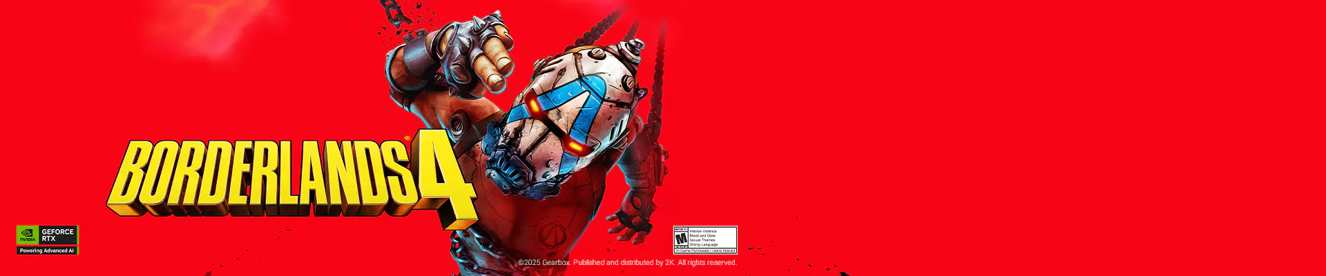 Red background with a robot dog, "Borderlands 4" logo, Nvidia GeForce RTX badge, and copyright info at the bottom.