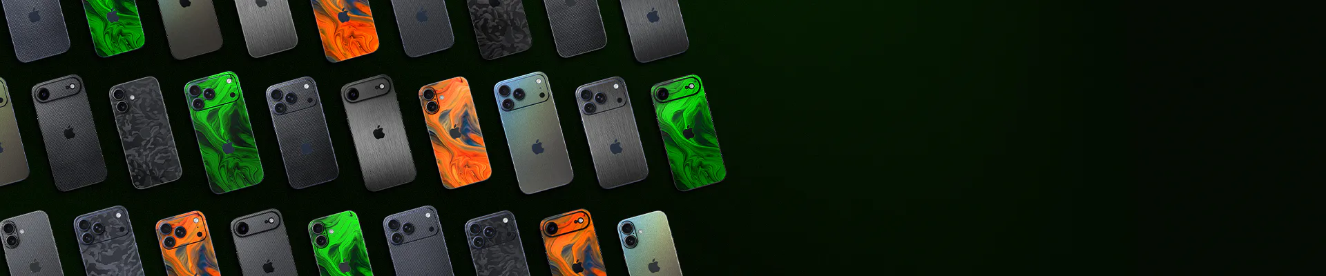 Multiple iPhones in various colors and models are arranged on a dark surface, showing different back designs and camera layouts.