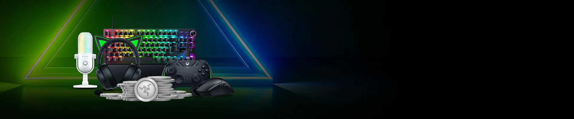 RGB gaming keyboard, headphones, mouse, microphone, Xbox controller, and gaming chips on a dark background with neon accents.