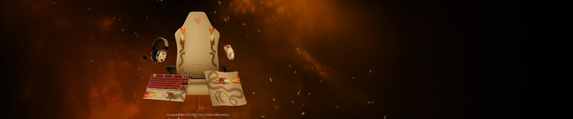 Gaming chair with dragon design, headphone, mouse, and keyboard floating in fiery, dark setting. No visible texts.