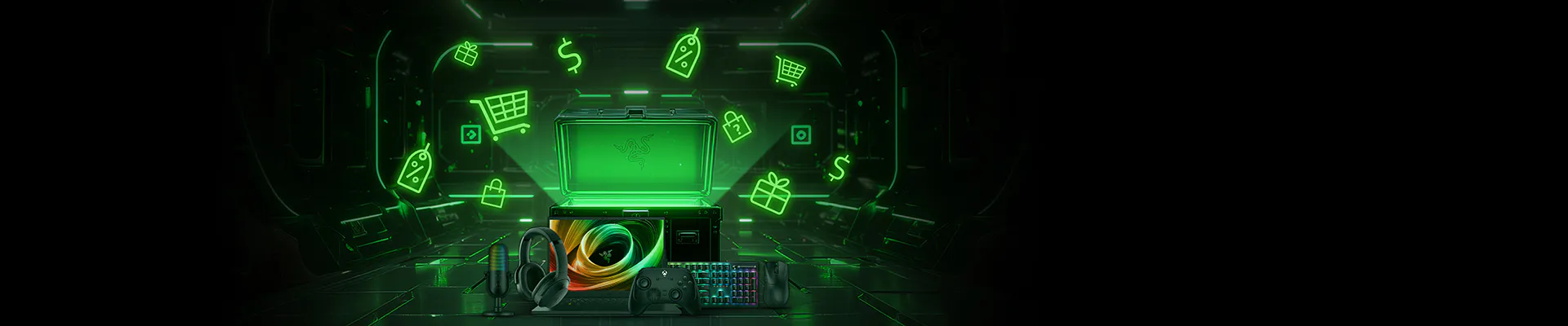 A gaming setup with Razer gear, including headphones, controller, keyboard, mouse, on a futuristic background with green shopping icons.