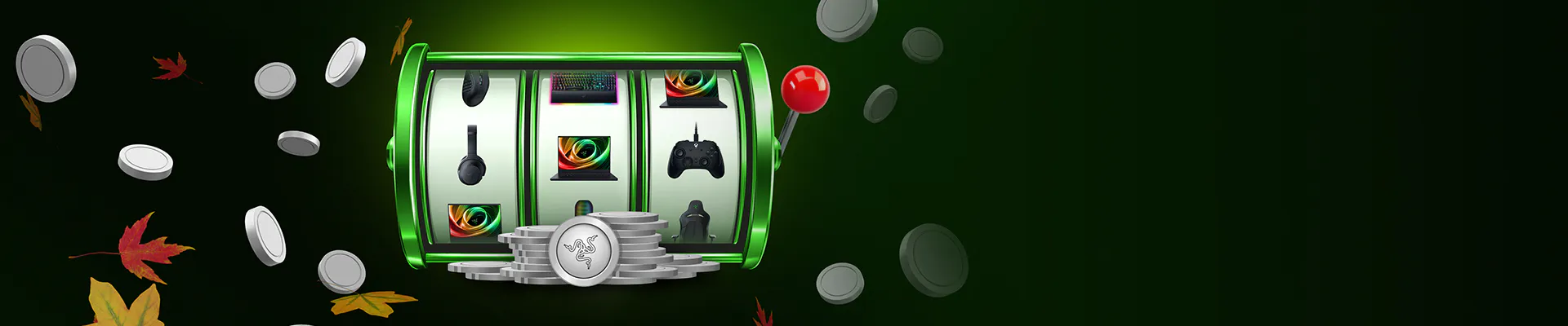 A digital illustration of a slot machine with gaming items, coins, a controller, and a "Razer" coin at the bottom, with fall leaves around.