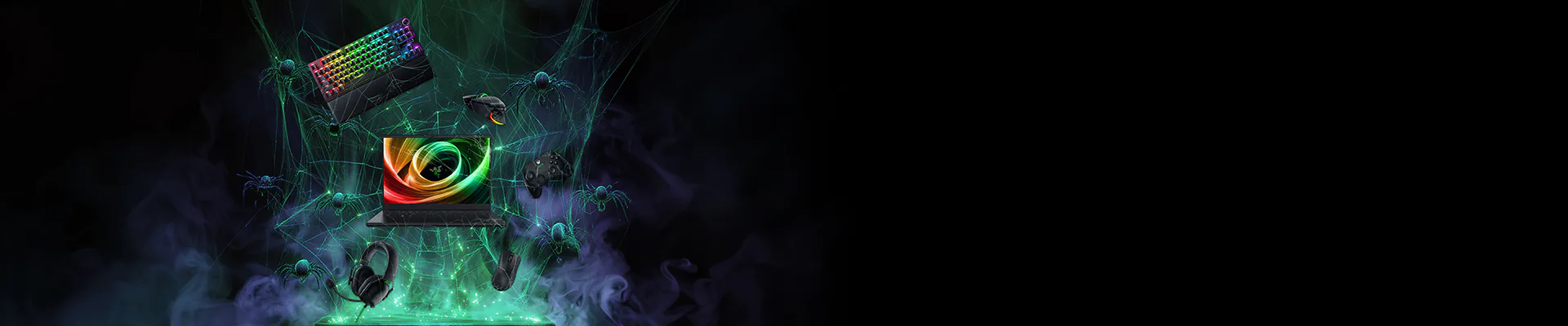 Colorful gaming gadgets (keyboard, mouse, controller, headset, laptop) connected by glowing green lines, floating in a dark, smoky background.