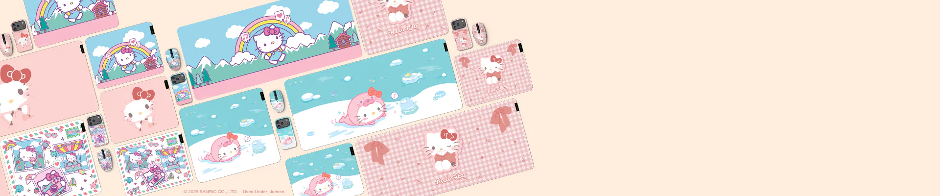 Collection of Hello Kitty-themed stationery and accessories, including notebooks, phone cases, and mouse pads with pastel designs.