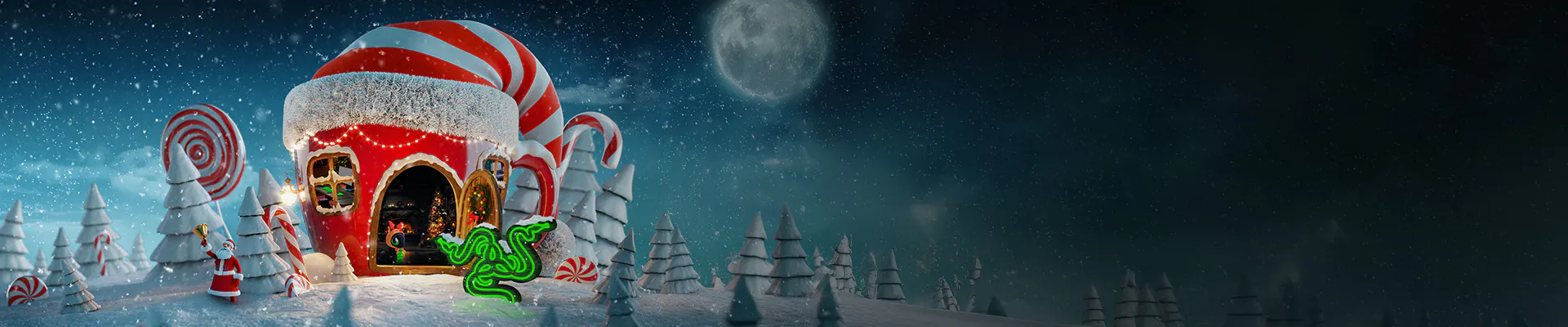 A festive, snowy scene with a gingerbread house decorated with candy canes, surrounded by snow-covered trees, a Santa figure, and a glowing green snake.