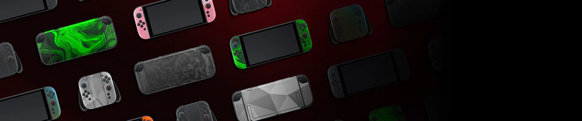 Multiple colorful handheld gaming consoles with different designs and patterns, displayed on a dark surface.