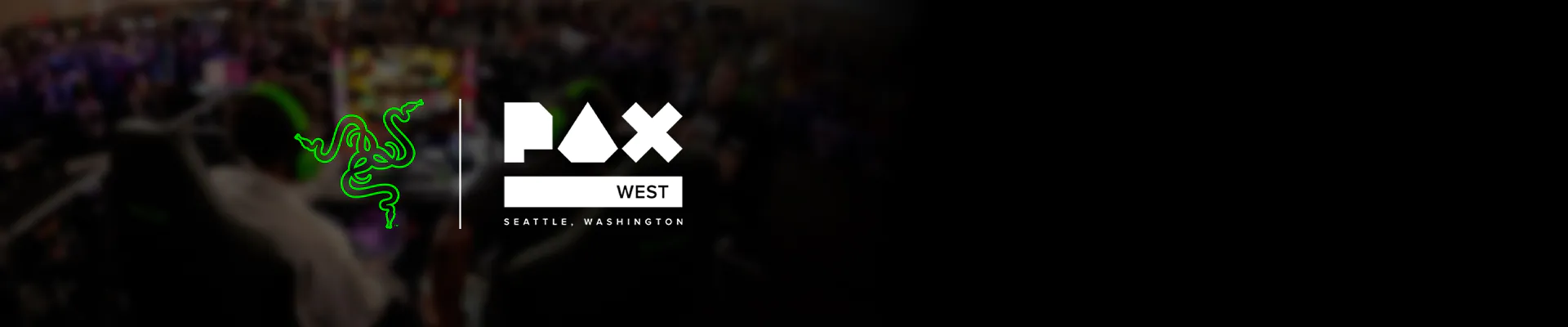 Blurry photo of a crowd, with a black background, showing the Razer logo, "PAX WEST" text, and "SEATTLE, WASHINGTON" caption.