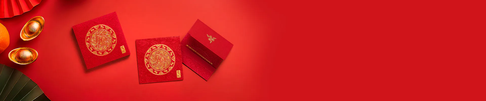 Red background with lanterns, gold cards, and a box, likely for Lunar New Year celebrations, featuring traditional Chinese symbols.