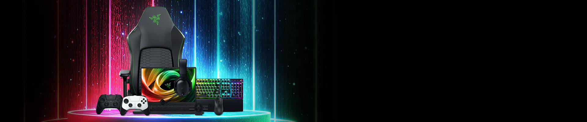 Gaming setup with Razer chair, headset, dual controllers, RGB keyboard, and laptop against a colorful digital background.