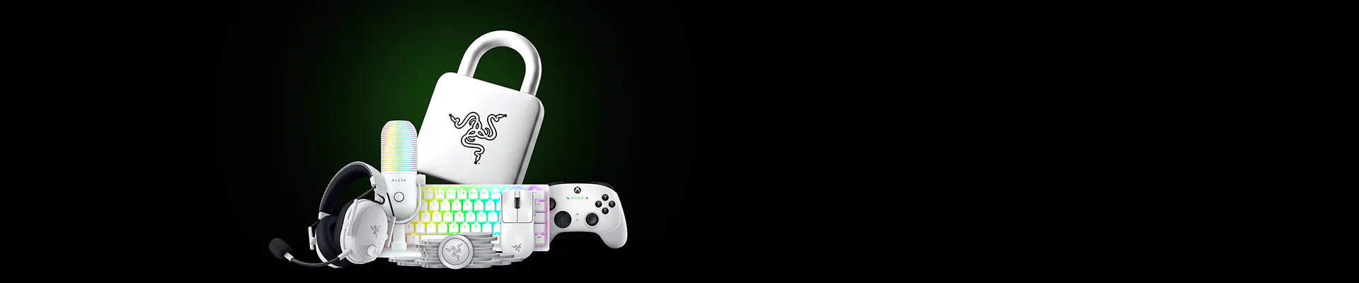 Gaming gear and accessories, including a headset, mechanical keyboard, mouse, Xbox controller, RGB lamp, Razer padlock, and a large padlock, on black background.